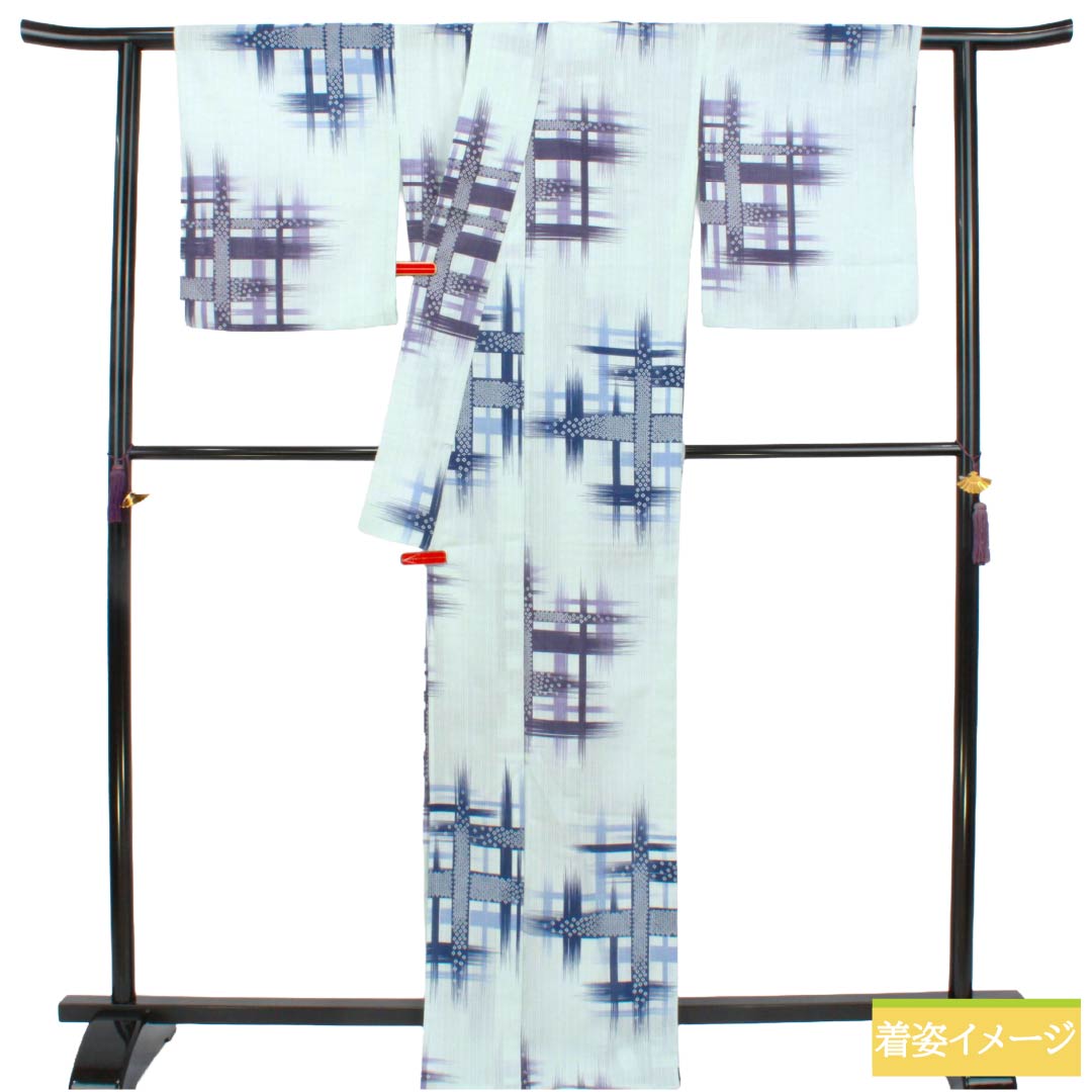 夏物 ポリエステル 小紋 Sランク 身丈167.5cm 裄丈68.5cm 薄水色（うすみずいろ） 洗える着物 井桁 紗 水色系 1132006012524