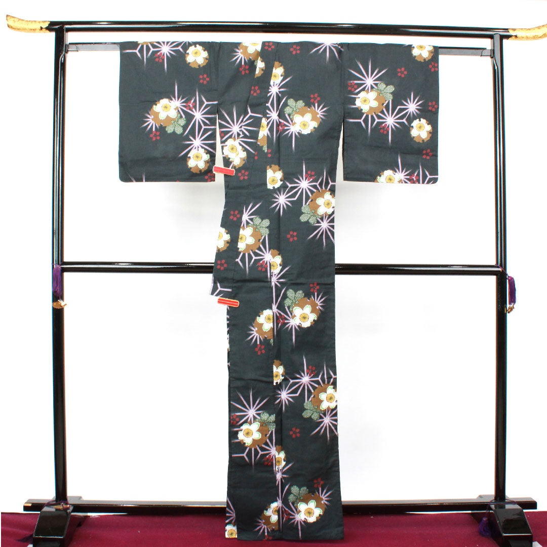 浴衣 雪輪 桜 麻の葉 木綿 Sランク 単衣 身丈164.5cm 裄丈64cm 黒系 1118002212410