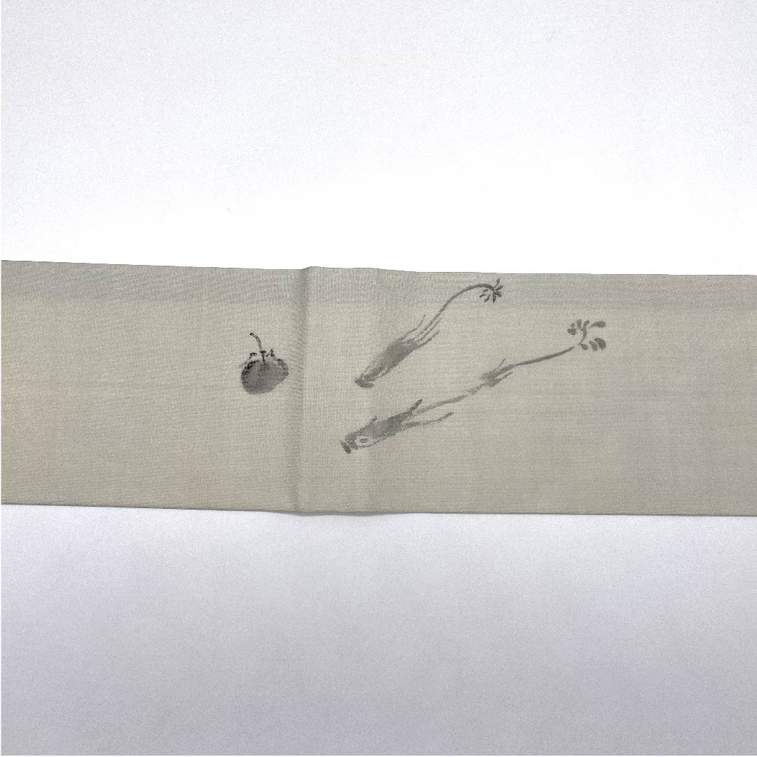 名古屋帯 卯の花色 夏帯 紗 なすび たけのこ 染帯 作家物 西陣織 帯丈375.5cm 正絹 Aランク ポイント柄 カジュアル グレー系 1124003903322  名古屋仕立て