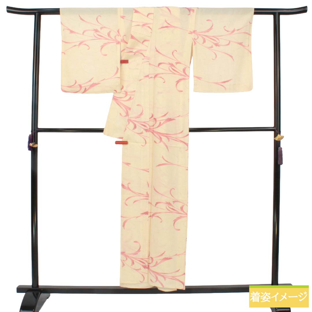 夏物 ポリエステル 小紋 Sランク 身丈152.5cm 裄丈63cm 鳥の子色（とりのこいろ） 洗える着物 草花模様 絽 クリーム系 1132006502215