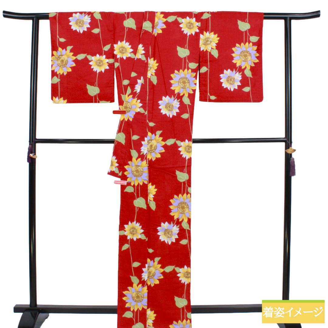 浴衣 木綿 Sランク 身丈166cm 裄丈66cm 土耳古赤色（とるこあかいろ） 向日葵 単衣 赤系 1118007432512