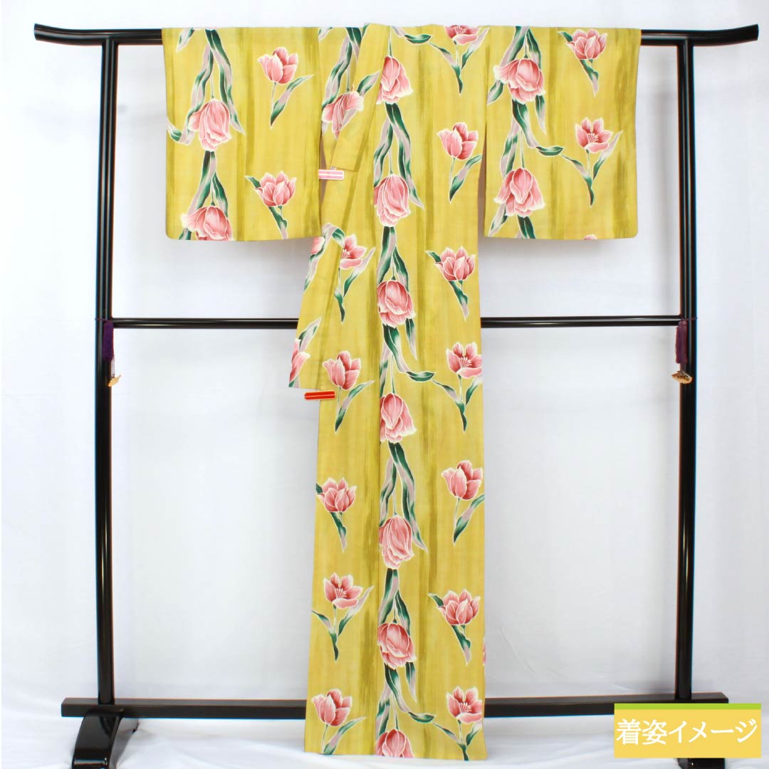 Yukata Polyester Length 167cm Sleeve length 66.5cm S rank Single layer Yellowish yellow (sekkouiro) Tulip 1118005552523