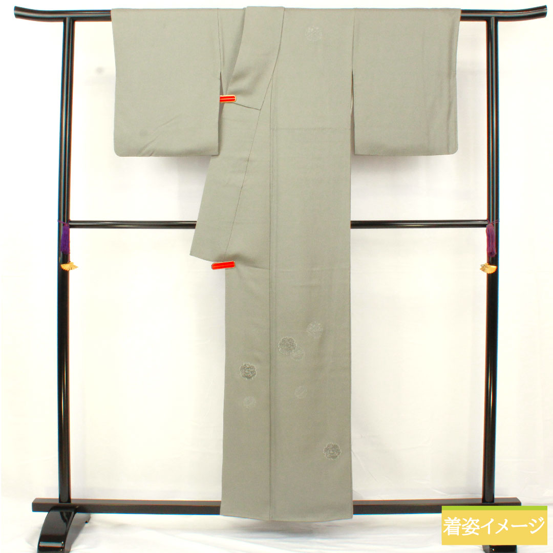 訪問着 正絹 袷 身丈156cm 裄丈62.5cm 灰色（はいいろ） 汕頭刺繡 一つ紋 片喰 雪輪 椿 Sランク グレー系 1112005022322