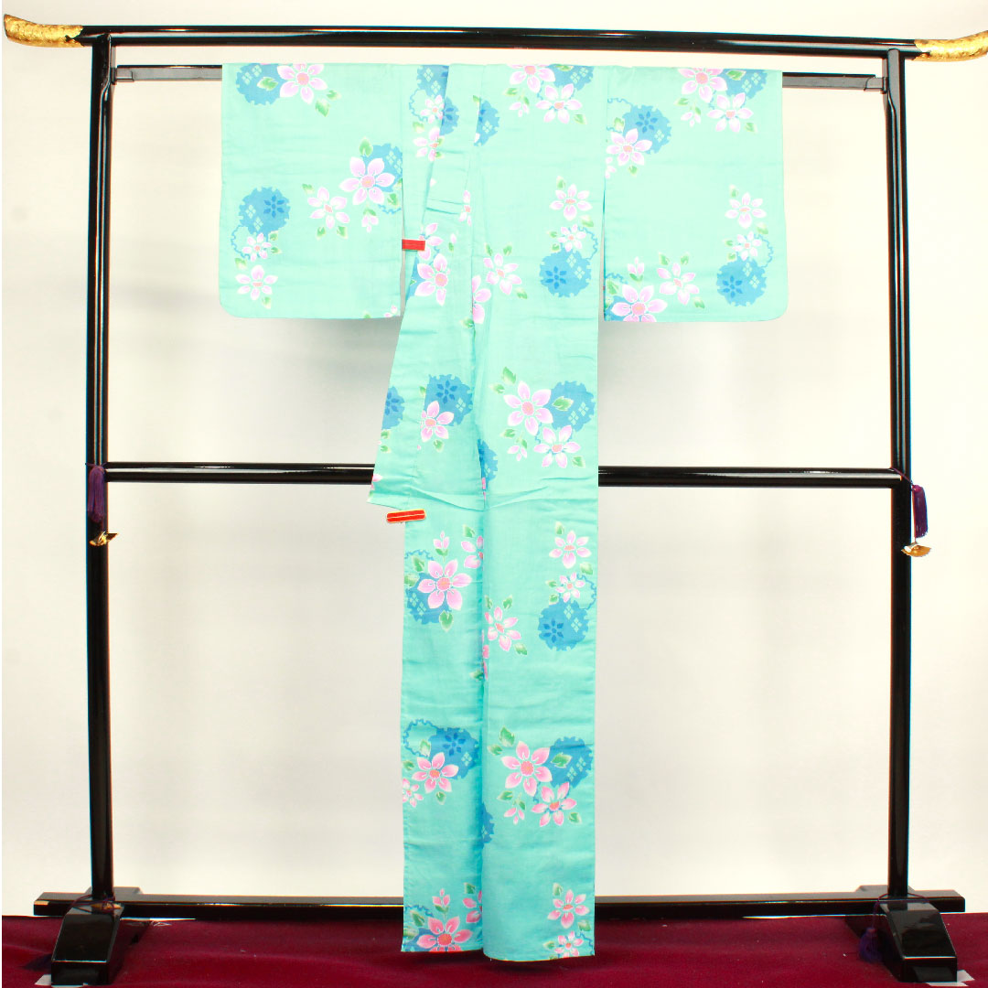 浴衣 水色 雪輪 抽象模様 木綿 Sランク 単衣 身丈162.5cm 裄丈65cm 水色系 1118002652424