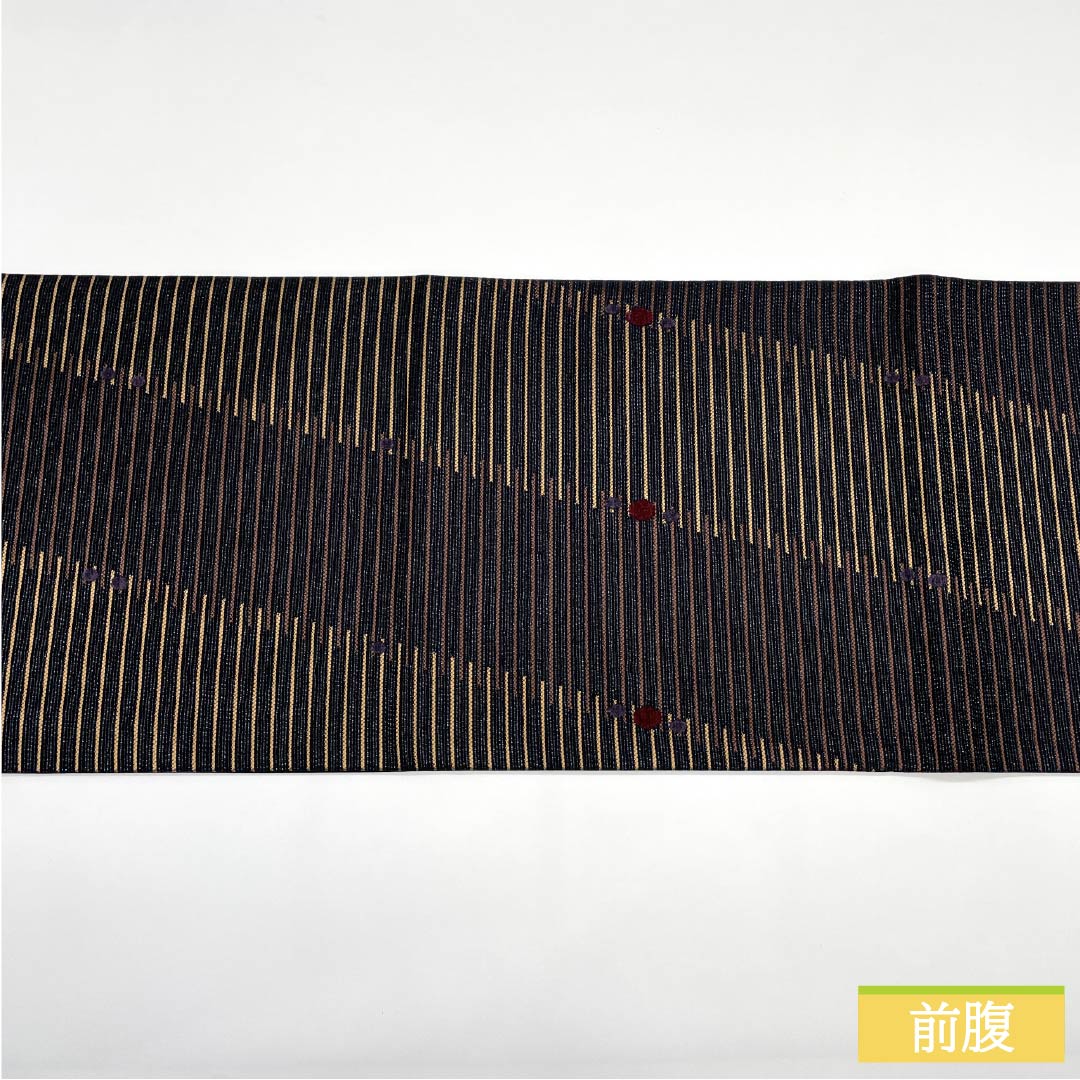 袋帯 正絹 黒色（くろいろ） 横縞 ドット 本金箔 本銀箔 帯丈438cm Sランク 六通 セミフォーマル 黒系 1123012142310
