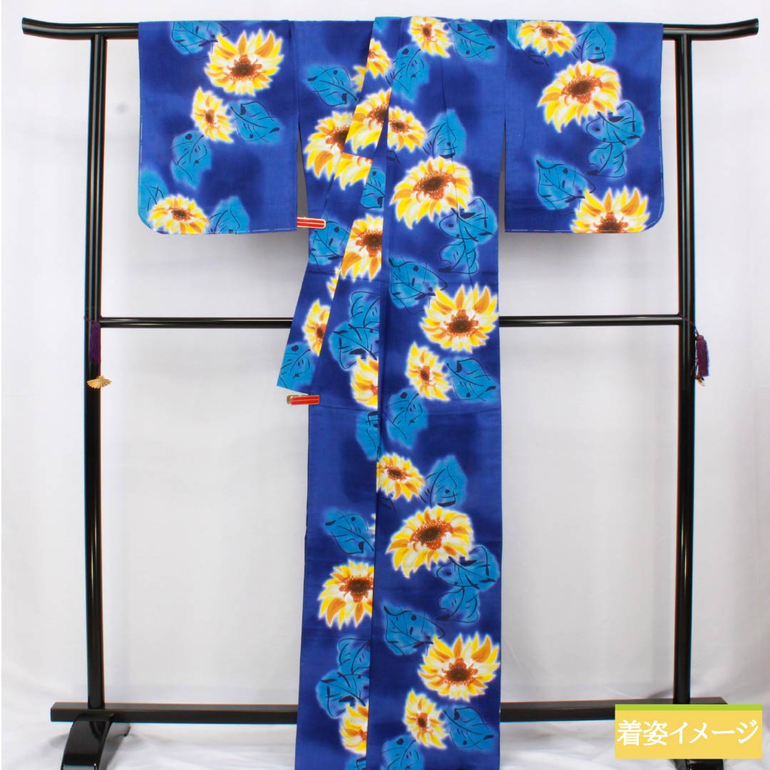 浴衣 木綿 身丈169cm 裄丈69cm Sランク 単衣 青系 桔梗色（ききょういろ） 向日葵 1118006492517
