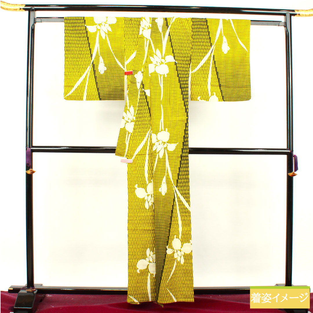 リサイクル着物】浴衣木綿身丈160cm 裄丈67cm Sランク単衣黄系鶸色（ひ