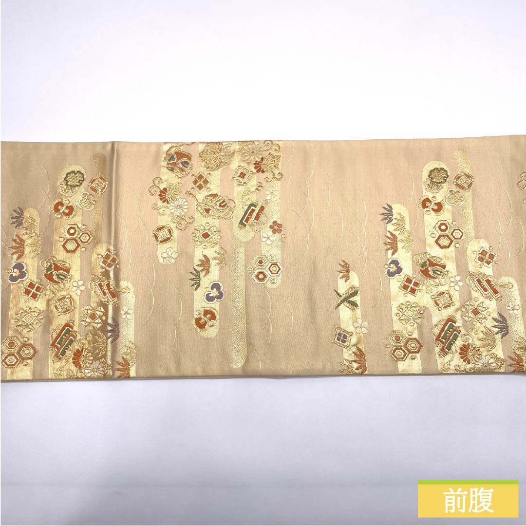 袋帯 正絹 胡桃色（くるみいろ） 留袖用 宝尽くし 花唐草 帯丈430cm Sランク 六通 フォーマル ベージュ系 1123013582325
