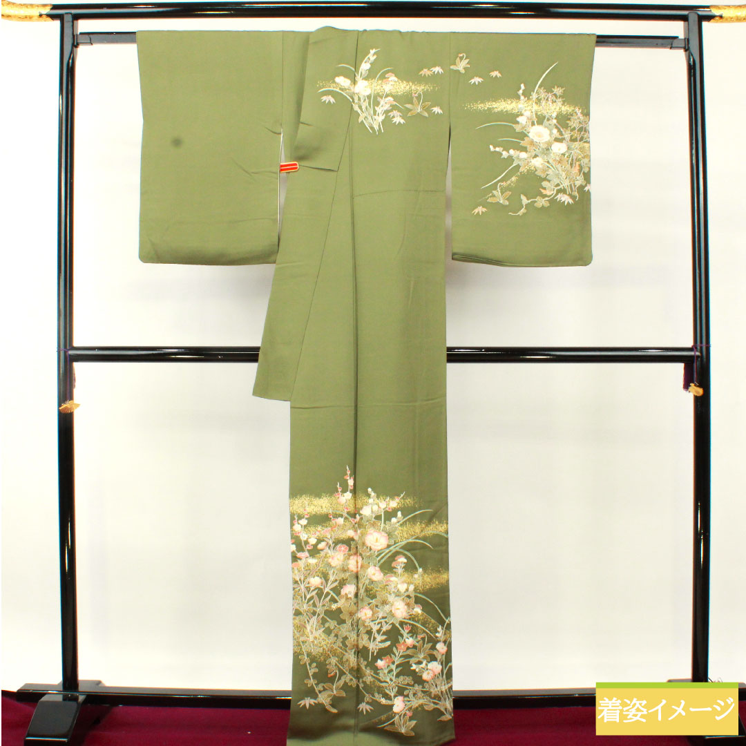 Homongi, pure silk, lined, length 164.5cm, sleeve length 65.5cm, turtle dove color, Kyoto yuzen, floral pattern, S rank, green, 1112004722419