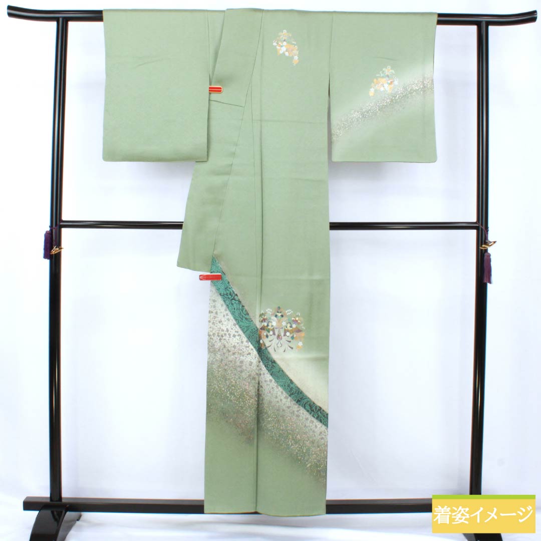 訪問着 正絹 Aランク 袷 身丈155cm 裄丈58.5cm 裏葉色（うらはいろ） 螺鈿煌彩 金彩加工 吉祥文様 丹後ちりめん 八丁水撚り 緑系 1112007423319