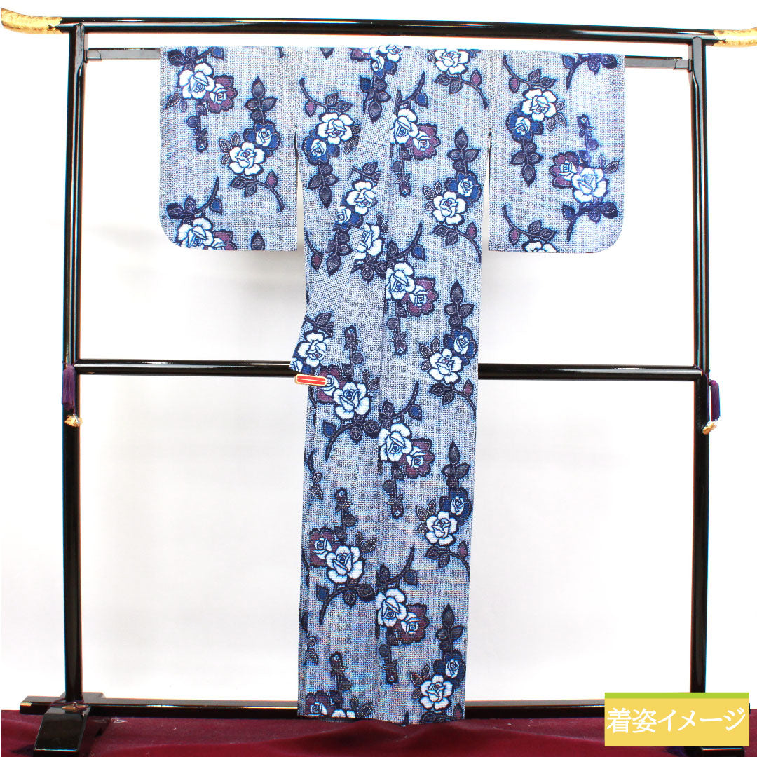 浴衣 木綿 身丈155cm 裄丈63cm Aランク 単衣 紺系 濃紺色（のうこんいろ） リップル 薔薇 1118004582318