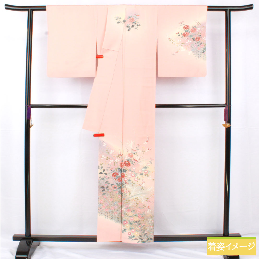 訪問着 正絹 袷 身丈156cm 裄丈61.5cm 東雲色（しののめいろ） 草花模様 Sランク ピンク系 1112005732313