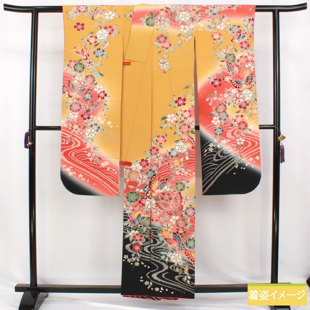 Formal Silk Kimono (Furisode) S-rank, Length 157cm, Sleeve-to-sleeve 62cm, Lined, Wheat color, Kyo Yuzen Dyeing, Auspicious patterns, Butterflies, Flowers, Flowing water, Orange tones, 1113002882326