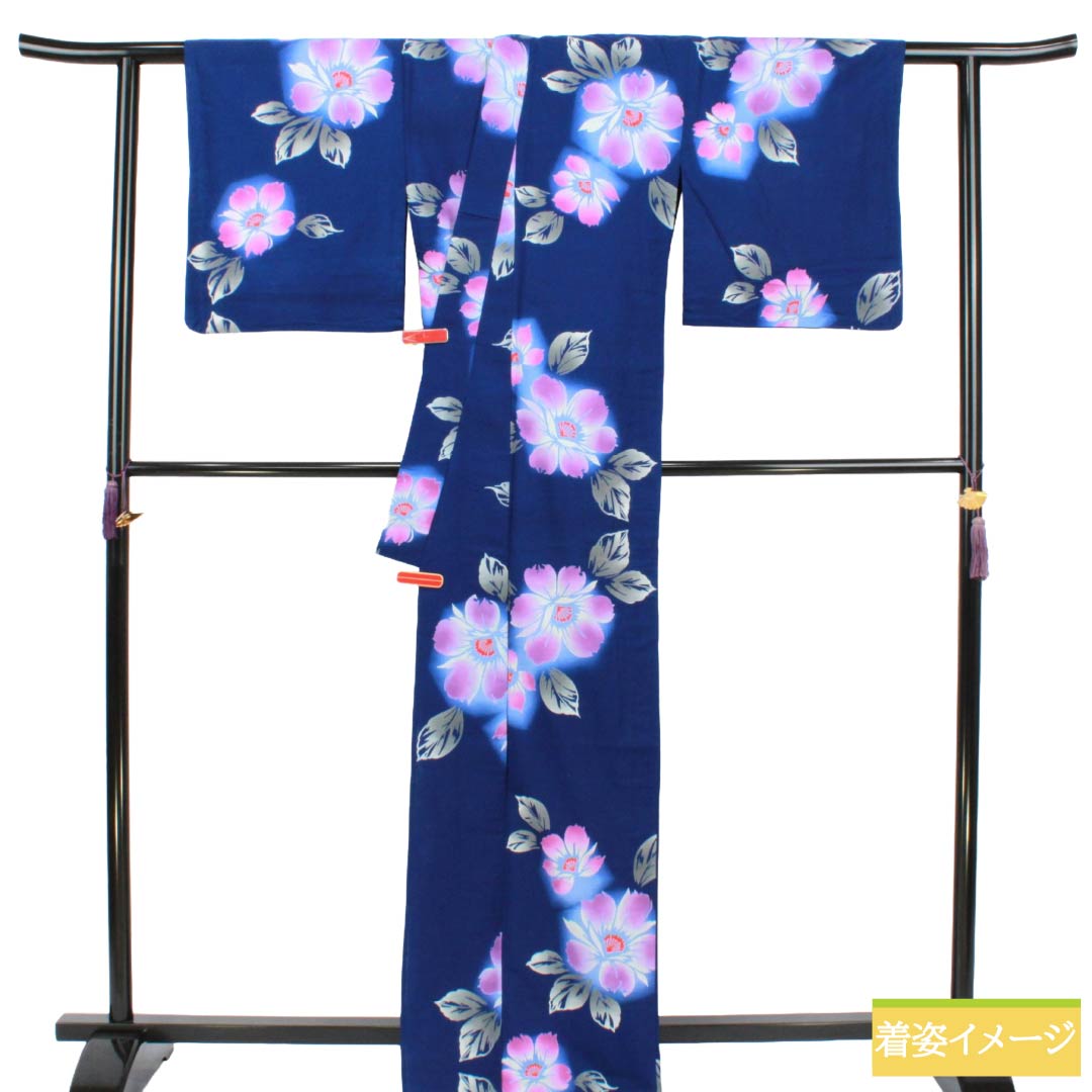 浴衣 木綿 Aランク 身丈167.5cm 裄丈67.5cm 瑠璃色（るりいろ） 花柄 単衣 紺系 1118007593518