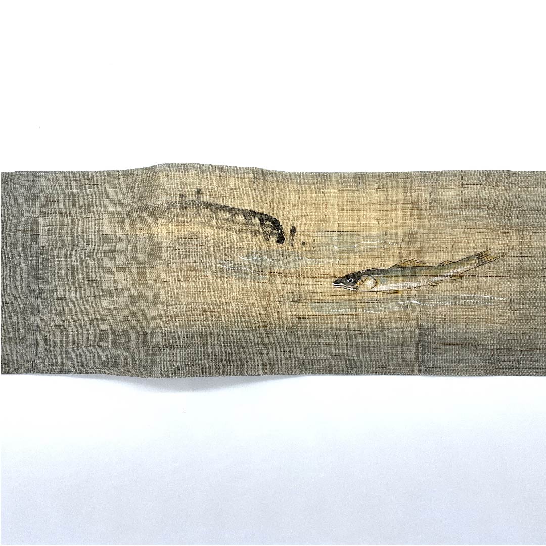 名古屋帯 魚 紬地 作家物 染帯 帯丈367cm 正絹 Aランク ポイント柄 カジュアル グレー系 1124005003322  名古屋仕立て