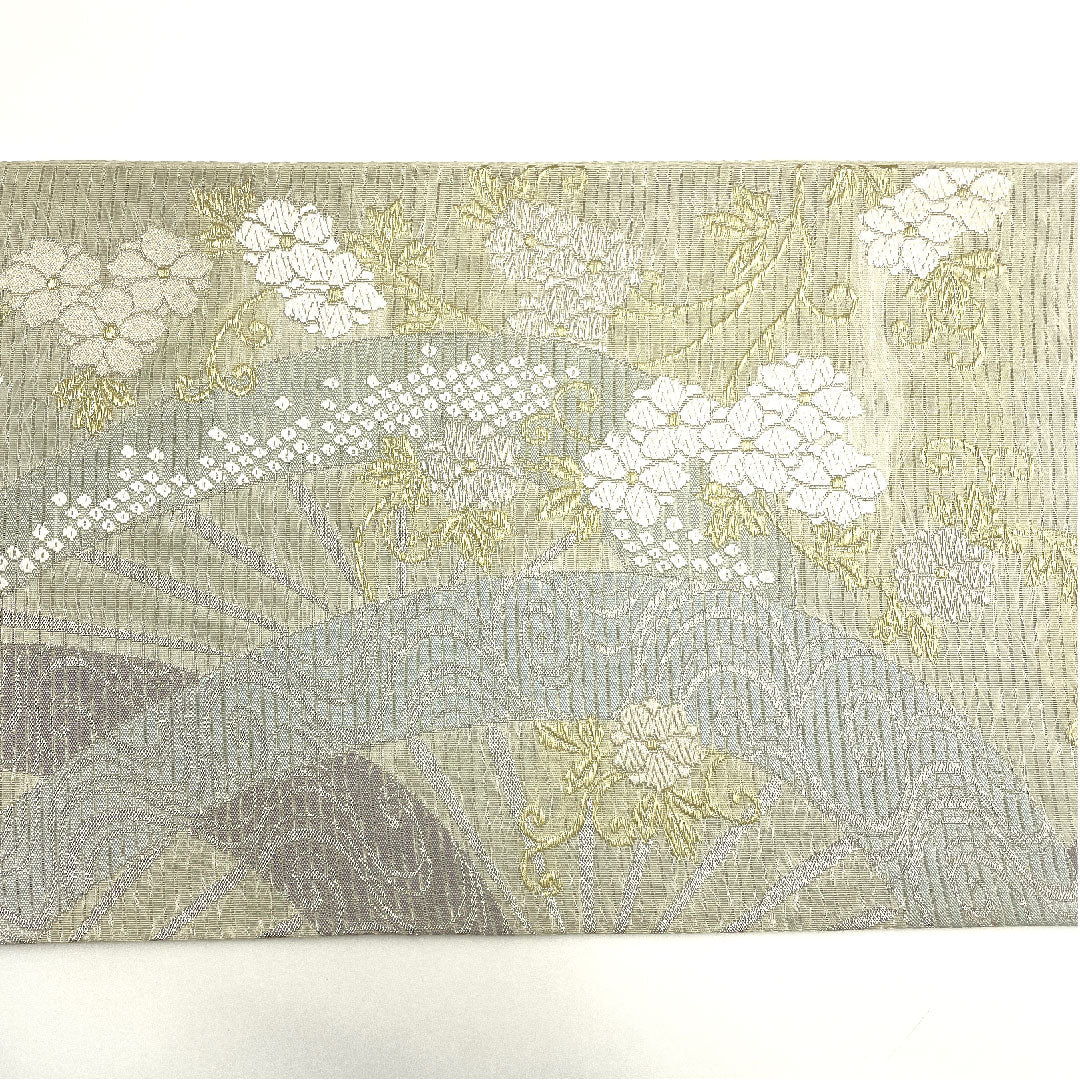 袋帯 絽 夏 流水 草花模様 帯丈441cm 正絹 Sランク 六通 フォーマル 白系 1123004392311
