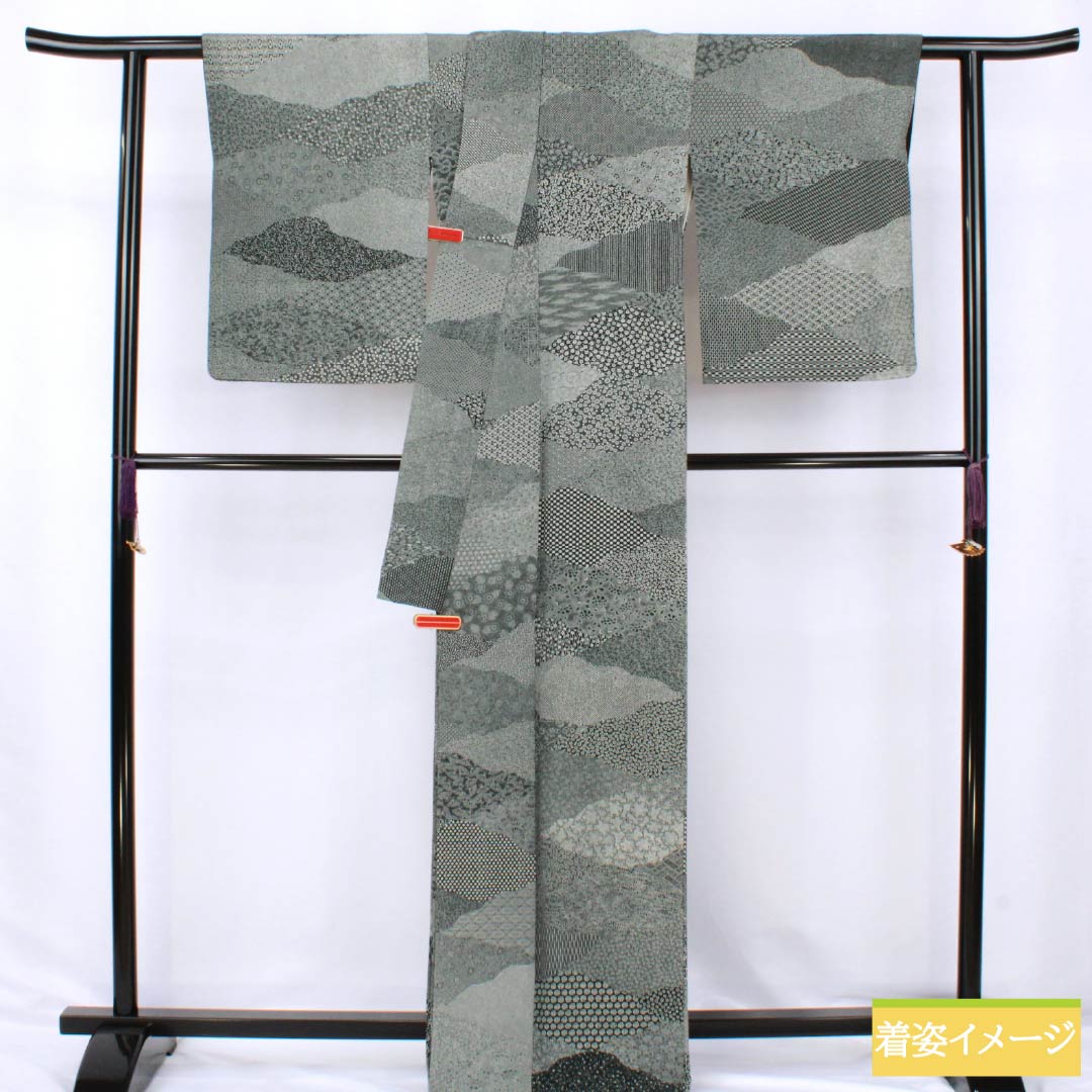 小紋 正絹 Sランク 身丈164.5cm 裄丈66.5cm 袷 金田染工 二代目金田昇 江戸小紋 割付文様 型染 モノトーン 1115007202427