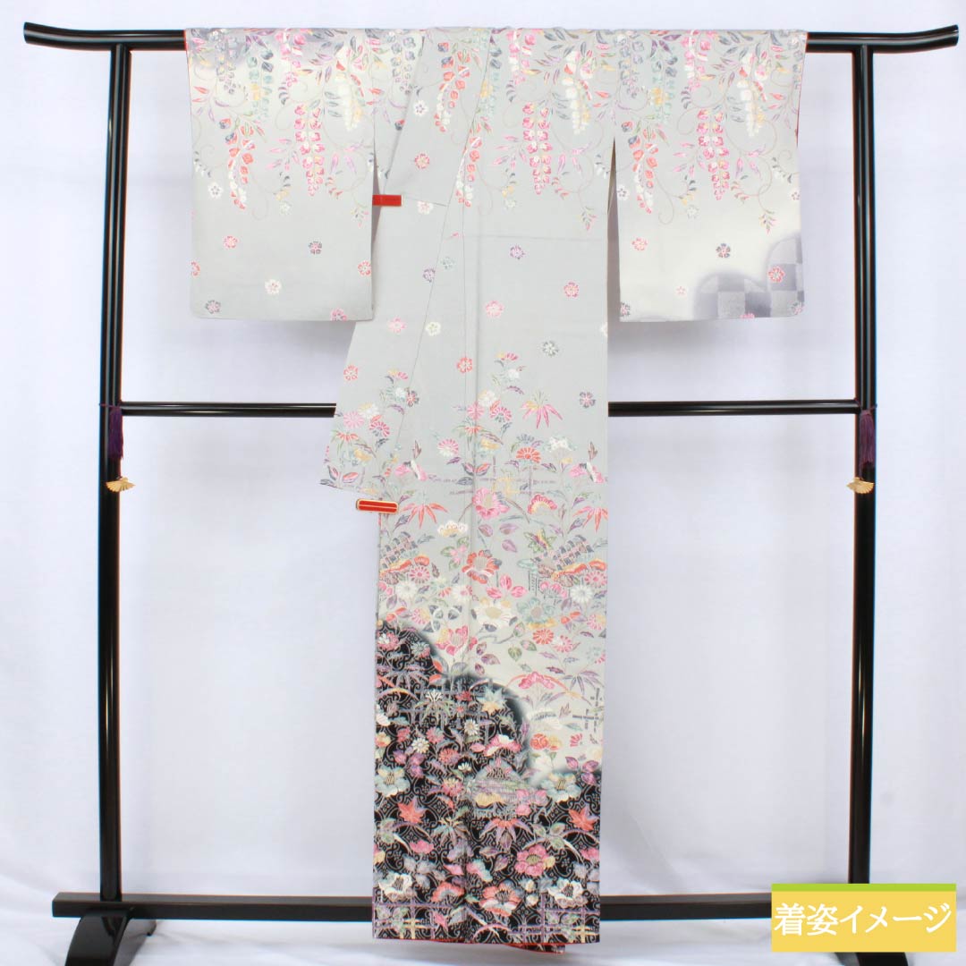 訪問着 正絹 Sランク 袷 身丈160cm 裄丈64cm 京友禅 藤 桜 グレー系 1112006302422