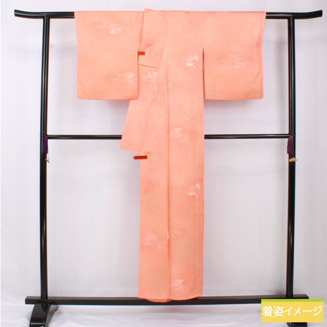 小紋 正絹 身丈150.5cm 裄丈62cm 袷 珊瑚色（さんごいろ） ボカシ染 抽象花 Sランク ピンク系 1115005472113