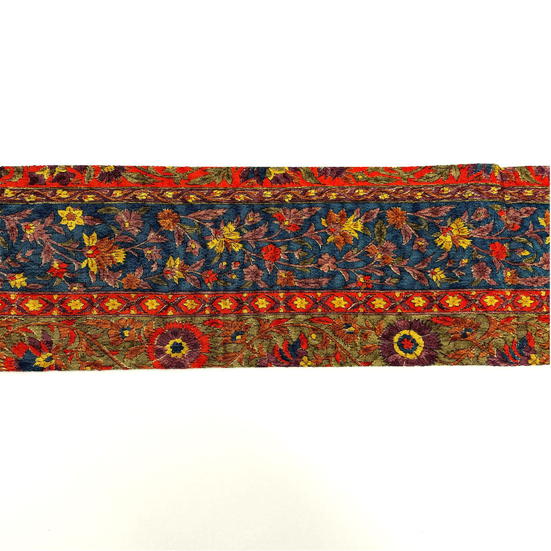 名古屋帯 縮緬 縞 花更紗模様 帯丈345cm 正絹 Sランク 全通 カジュアル 茶系 1124001722314  名古屋仕立て