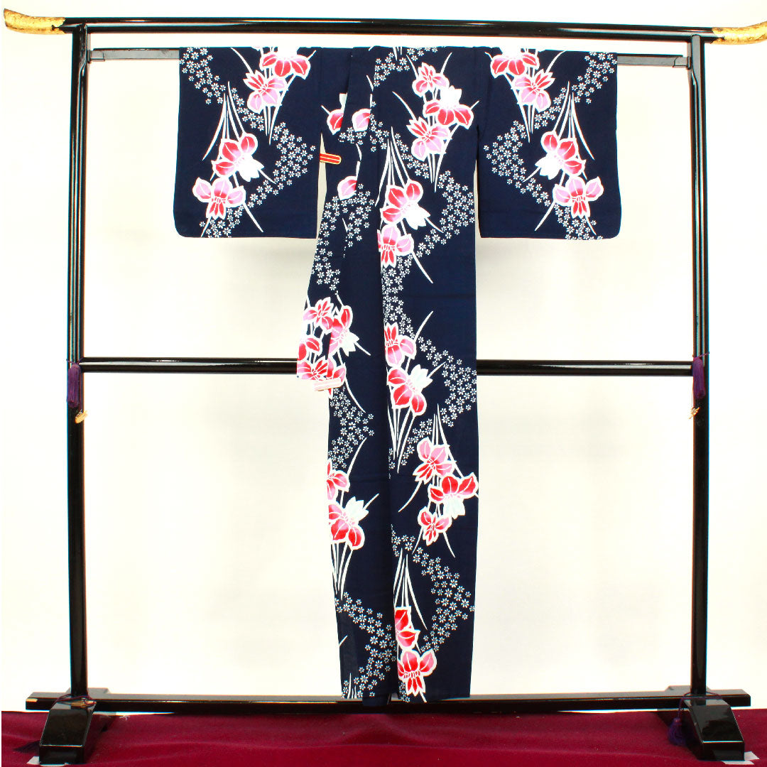 再生和服] 浴衣，深蓝色，鸢尾花，棉，S级，单层，长度152厘米