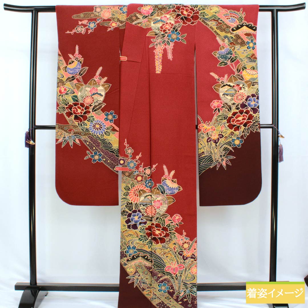 振袖 正絹 Aランク 身丈164.5cm 裄丈67.5cm 袷 牛血紅色（ぎゅうけつこういろ） 京紅型 吉祥文様 夢ガード加工 赤系 1113002923412