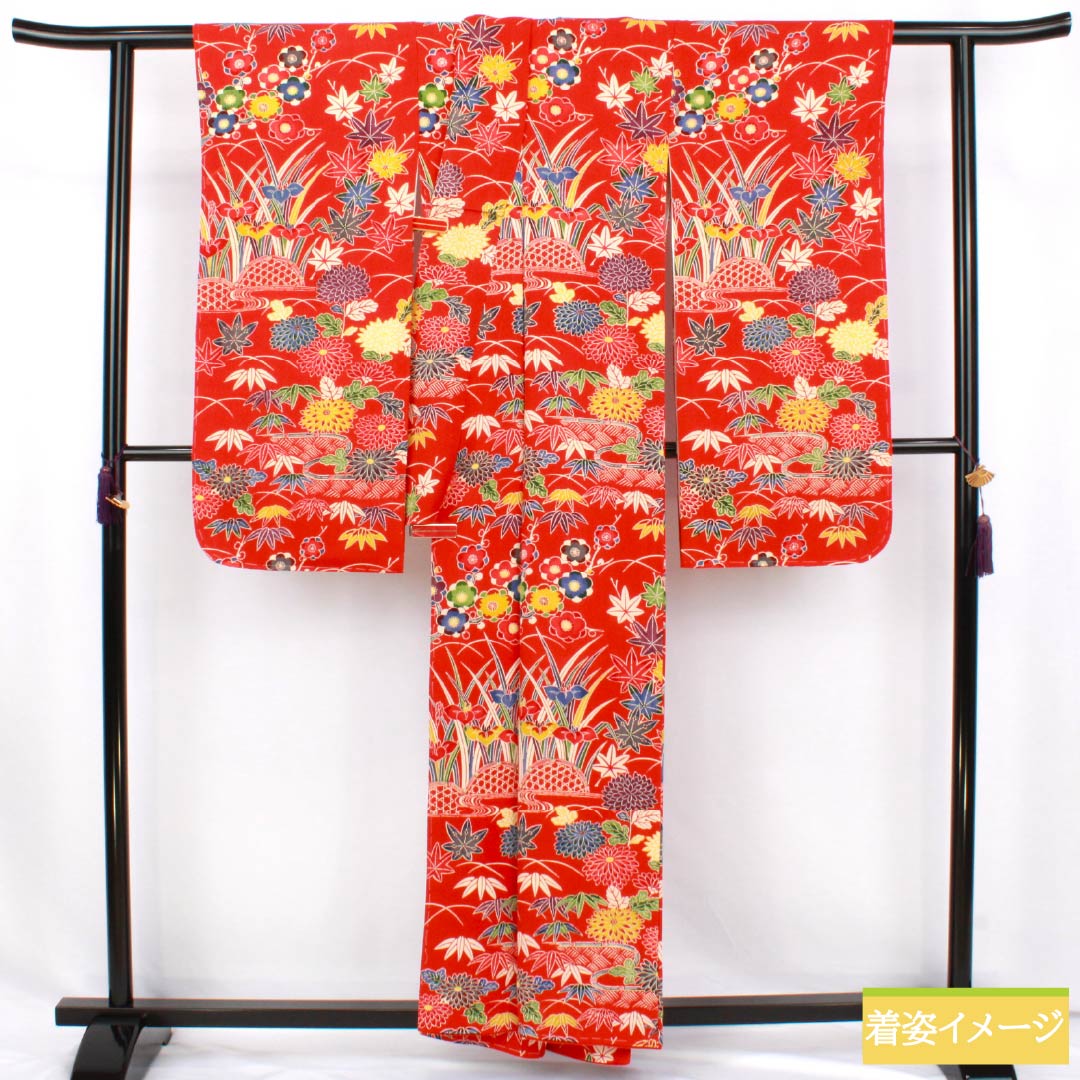 Furisode (long-sleeved kimono) made of pure silk, grade A, length 158.5cm, sleeve length 66cm, lined, red, Kyoto Bingata pattern, auspicious motifs of plum blossoms, irises, and flowing water, red tones, product number 1113002633312