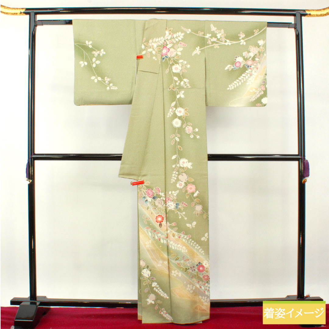 Homongi, pure silk, lined, length 163cm, sleeve length 65cm, willow-colored lining, Kyo-Yuzen, Tsujigahana, S rank, green, 1112003992419