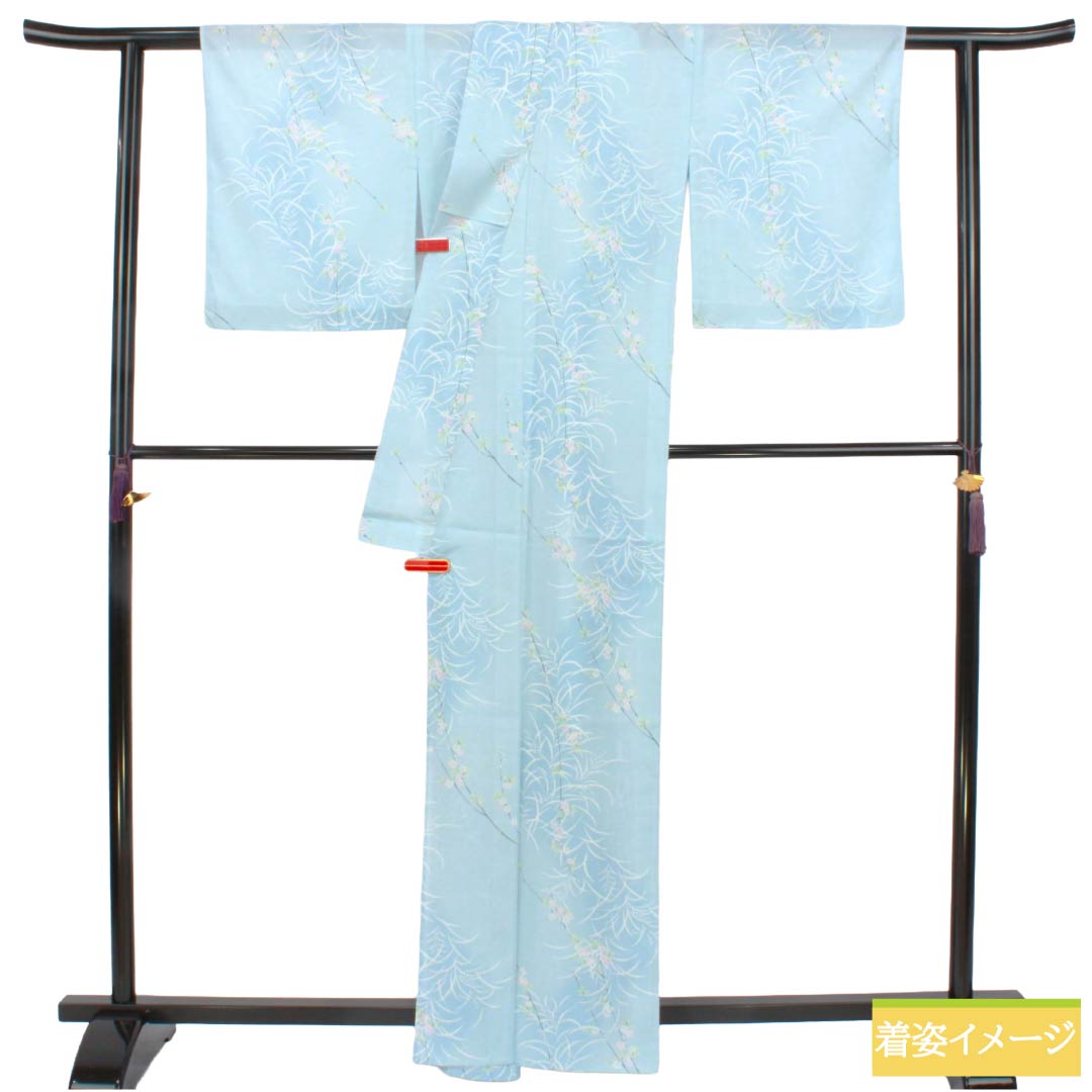 夏物 ポリエステル 小紋 Sランク 身丈163cm 裄丈65.5cm 蟹鳥染色（かにとりぞめいろ） 洗える着物 草花模様 絽 水色系 1132005982424