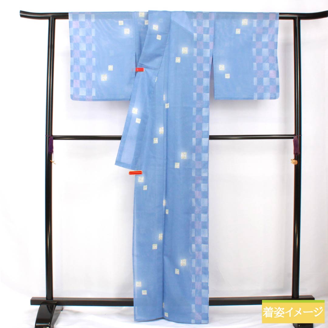 夏物 ポリエステル 小紋 身丈165cm 裄丈67.5cm 紺藤色（こんふじいろ） 市松模様 洗える着物 絽 Aランク 青系 1132002183517