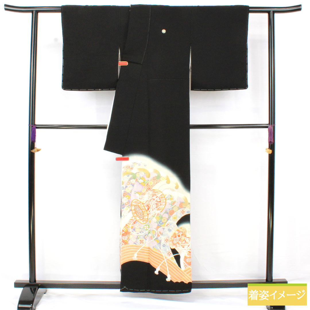 Black formal kimono, pure silk, length 157cm, sleeve length 62cm, lined, Kyoto yuzen, auspicious motif, five crests, circle with different arrow feathers, A rank, black, 1111001763310