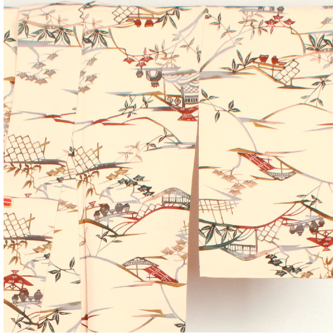 小紋 身丈165.5cm 裄丈66cm 袷  洗柿色 型染 風景模様  正絹 Aランク ピンク系 1115002093513