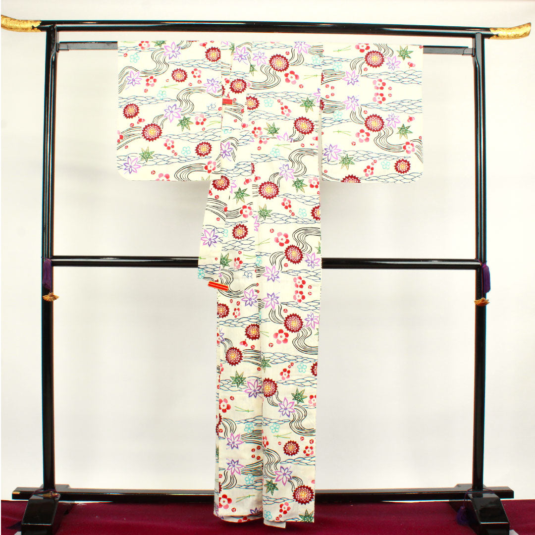 浴衣 しつけ糸付き 未使用品 乳白色 型染 綿麻 Sランク 単衣 身丈162cm 裄丈67cm クリーム系 1118002012415