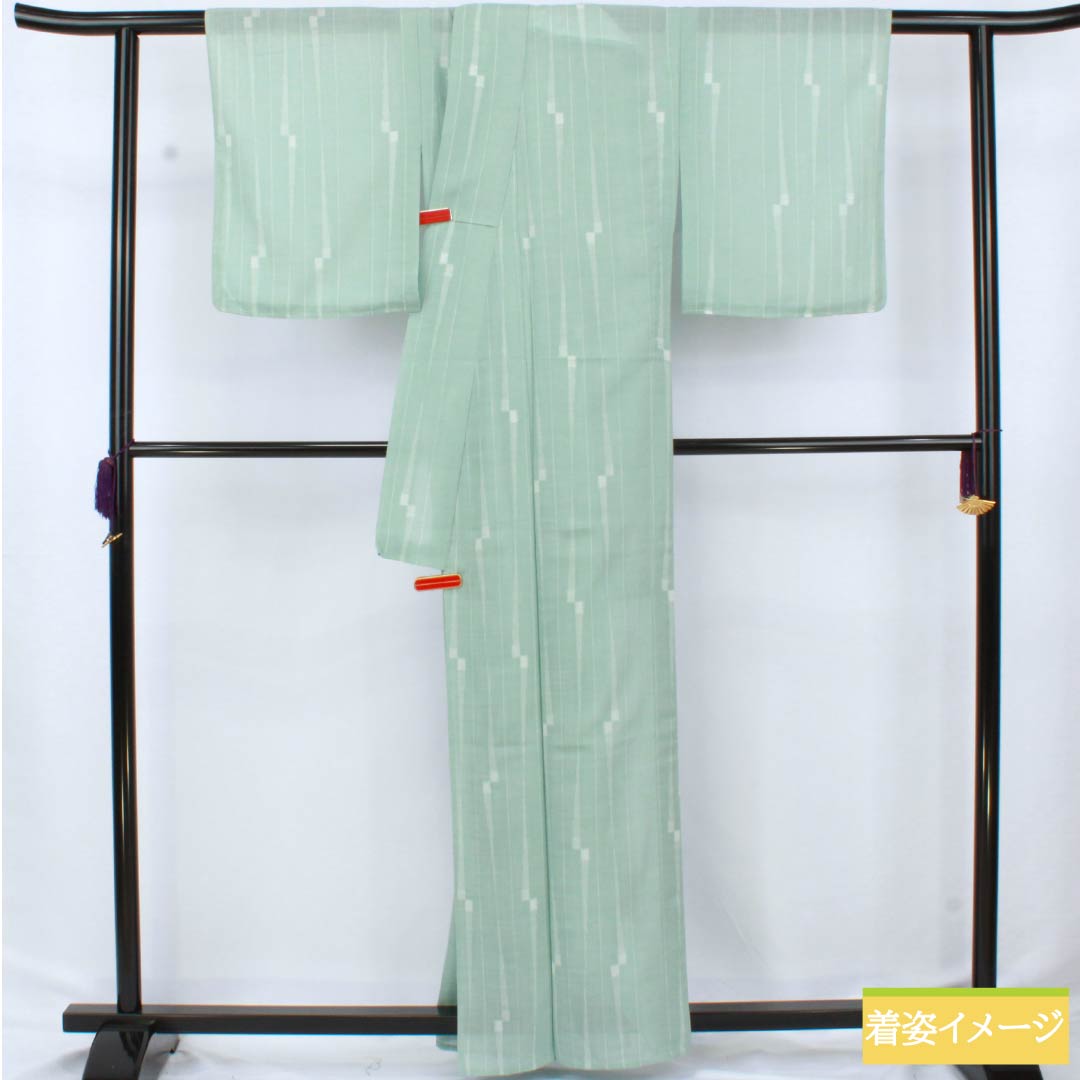 夏物 ポリエステル 小紋 身丈163cm 裄丈65cm 薄水色（うすみずいろ） 縞 洗える着物 紗 Sランク 緑系 1132002662419