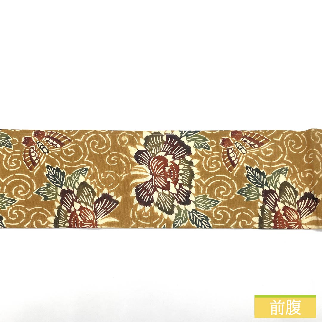 Nagoya Obi, Pure Silk, Grade A, Biwachairo (Biwa-chairo), Kyoto Bingata Design, Peony and Butterfly Design, Length 355cm, Six-Ply, Casual, Beige, Product Number 1124009273325, Nagoya Style