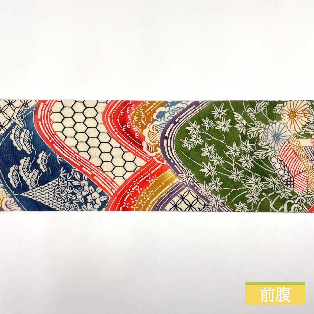 名古屋帯 濃紅葉色（こいもみじいろ） 京紅型 ちりめん地 七宝 帯丈370cm 正絹 Sランク 全通 セミフォーマル グラデーション系 1124007322399 名古屋仕立て