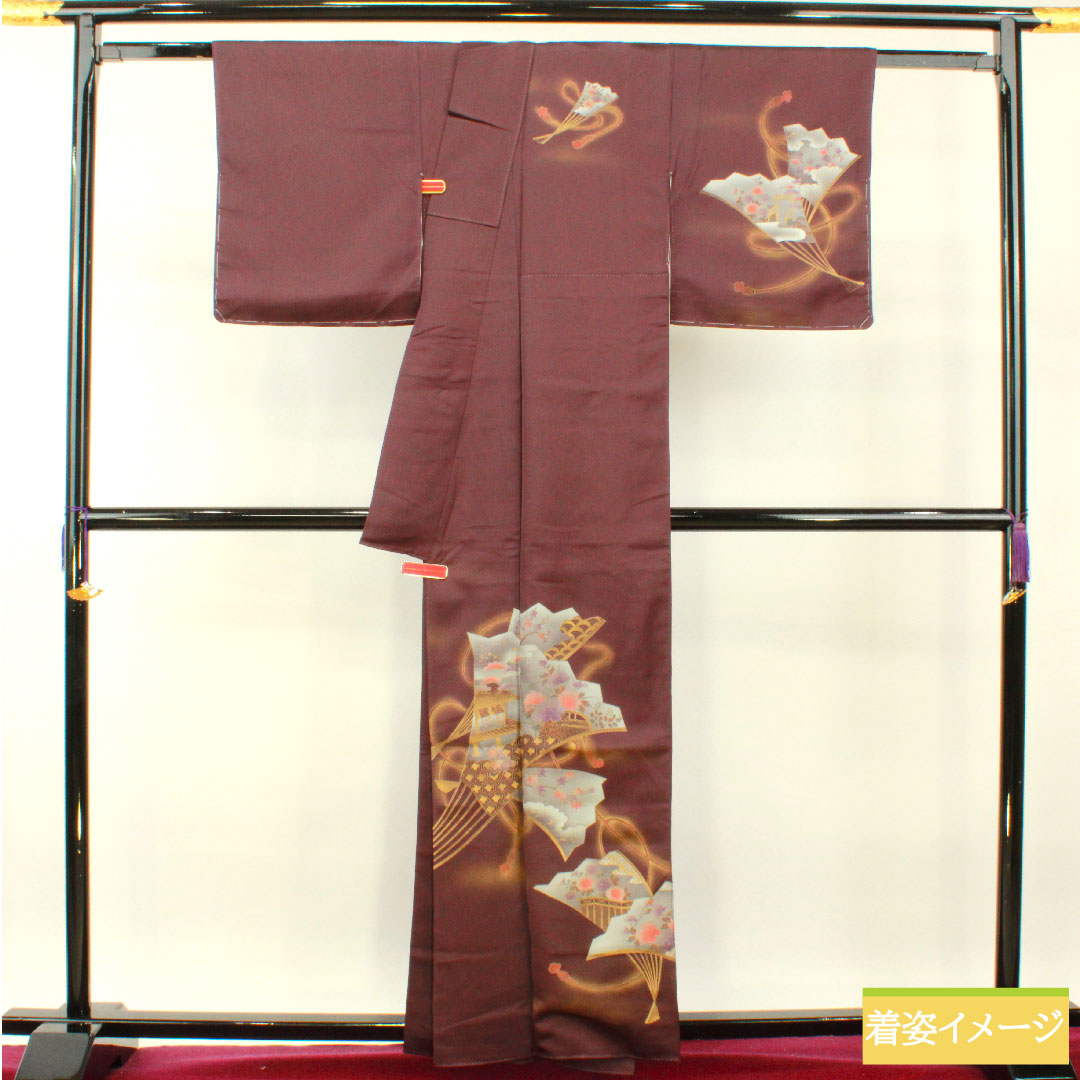 Homongi, pure silk, lined, length 160cm, sleeve length 64cm, purple, Kyoto Yuzen, fan, auspicious motif, S rank, purple, 1112004282420