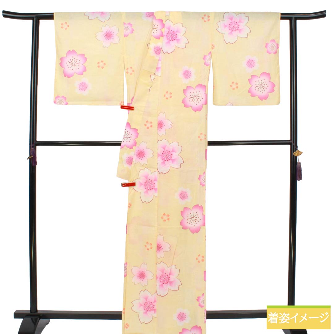 浴衣 木綿 Aランク 身丈165.5cm 裄丈67.5cm 鳥の子色（とりのこいろ） 桜 単衣 黄系 1118007423523