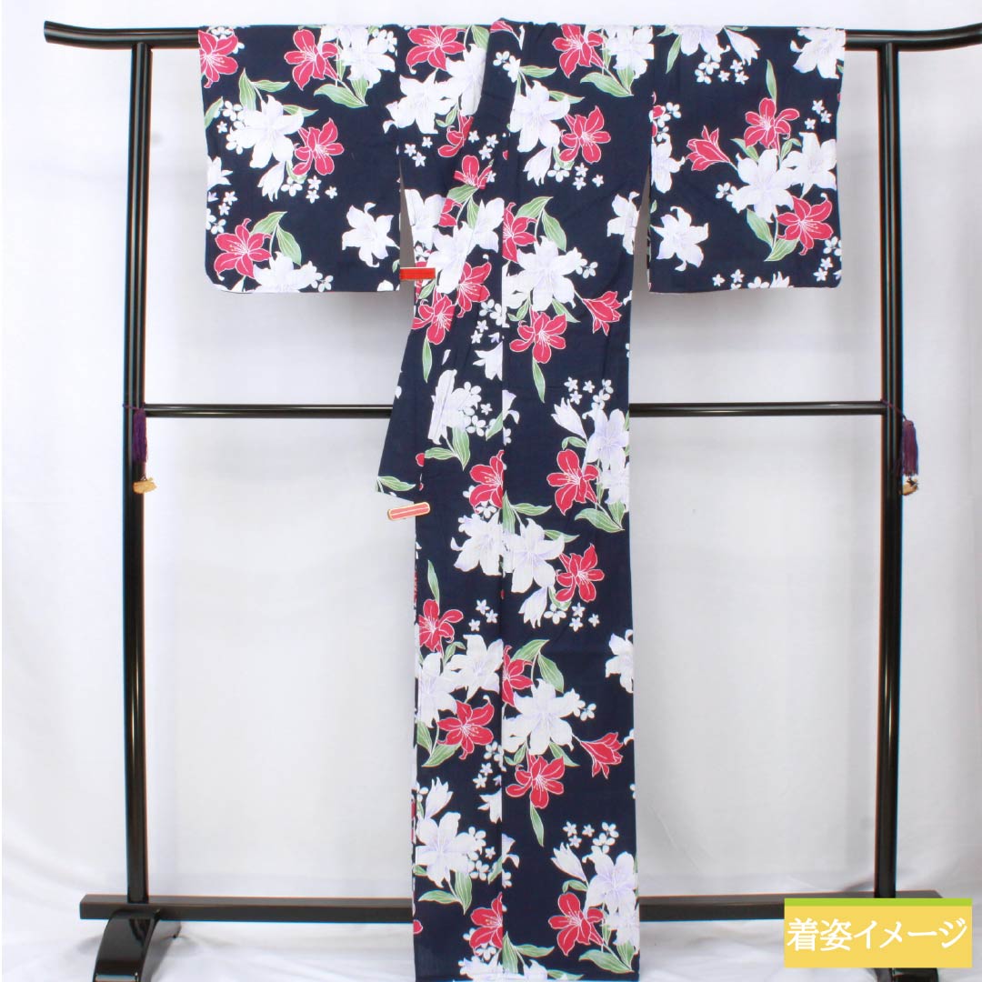 浴衣 木綿 身丈166cm 裄丈65cm Aランク 単衣 紺系 紺色（こんいろ） 百合 INGNI イング 1118006173518