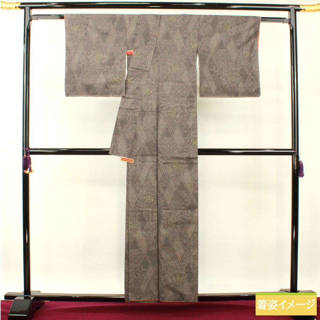 結城紬 正絹 身丈157.5cm 裄丈64.5cm  黝色 抽象模様 しつけ糸付き 未使用品 Sランク 袷 グレー系 1116003322322