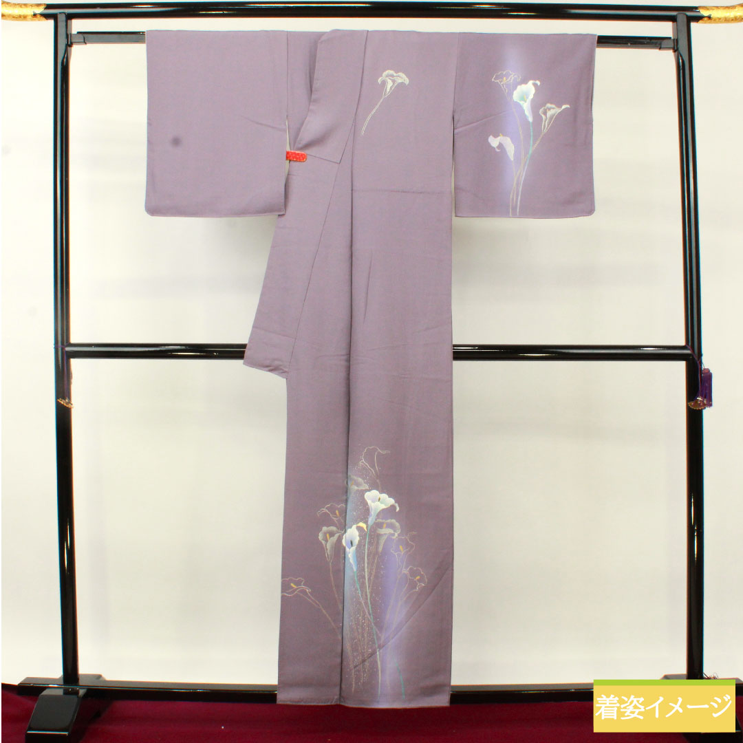 ■E5355■アンティーク■正絹■紫系　薔薇柄　銘仙　袷着物■身丈152　裄64 バラの庭園＊薔薇 紫 アンティーク銘仙着物 A859 | kimono tento