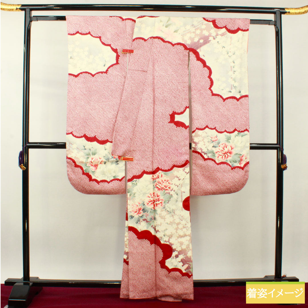 Furisode, pure silk, length 163.5cm, sleeve length 65cm, lined, crimson, Kyo-Yuzen, tie-dye, cherry blossom, rose, S rank, red, 1113001992412
