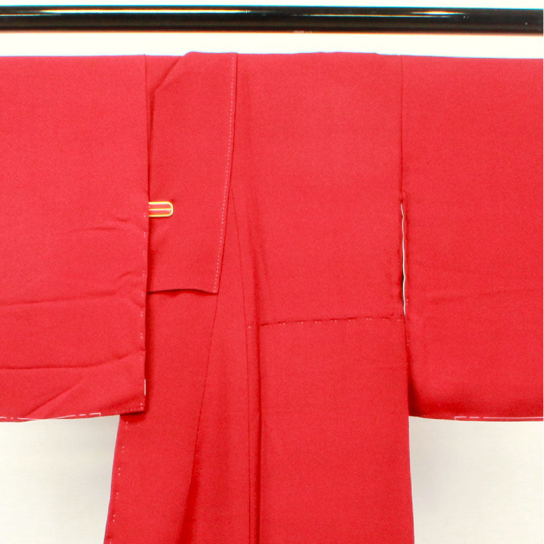 色留袖 身丈157cm 裄丈64.5cm 袷 しつけ糸付き 深緋色 寿光織 丸に剣片喰 正絹 Sランク 一つ紋 赤系 1111000782312