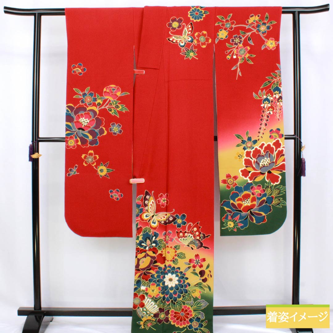 振袖 正絹 Sランク 身丈167cm 裄丈68cm 袷 柘榴色（ざくろいろ） 京紅型 吉祥文様 蝶 桜 菊 赤系 1113002772512