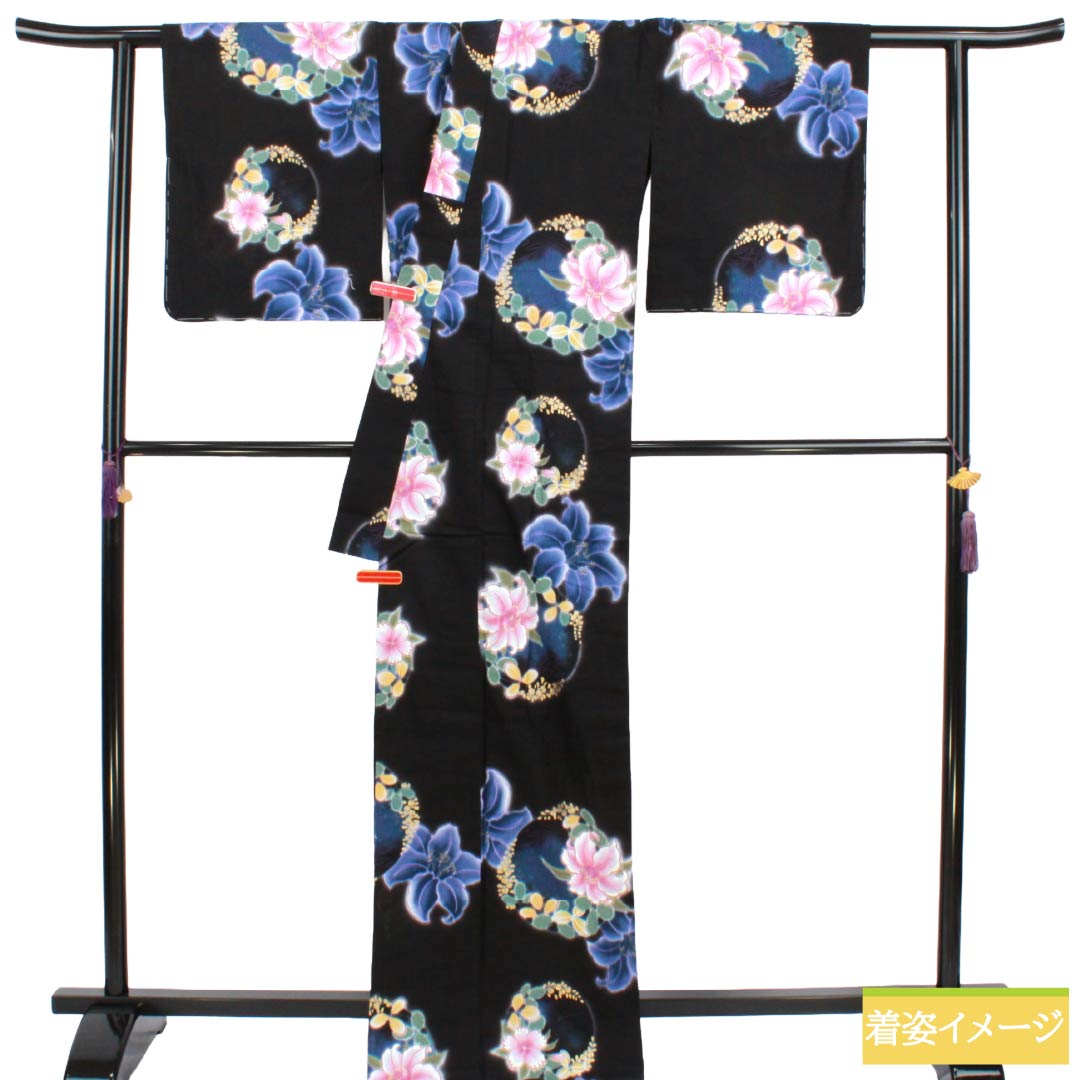 浴衣 木綿 Sランク 身丈168cm 裄丈67.5cm 黒色 山本寛斎 百合 花輪 単衣 黒系 1118006952510