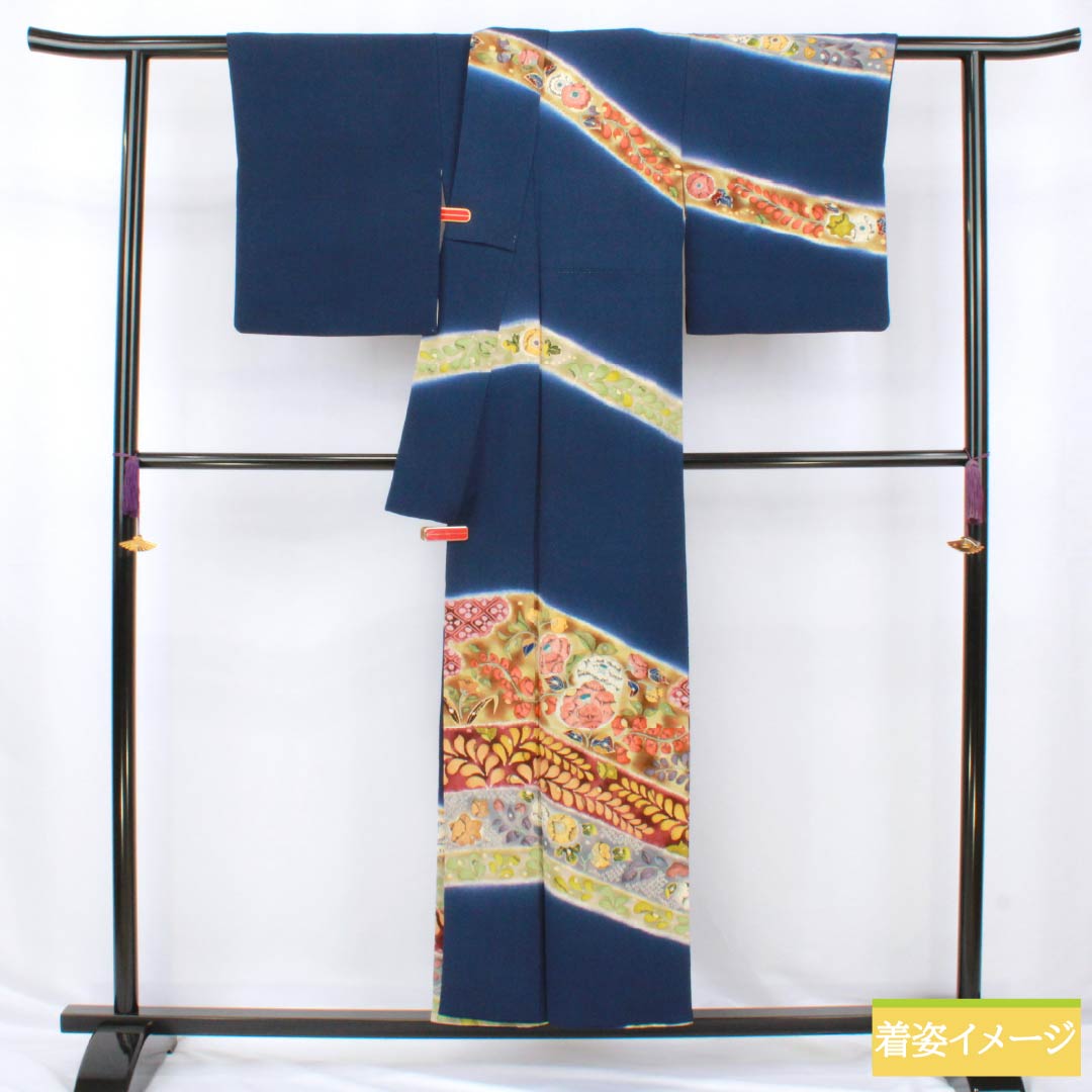 訪問着 正絹 Sランク 袷 身丈155cm 裄丈63cm 紺色（こんいろ） ちりめん地 辻ヶ花 紺系 1112006292318