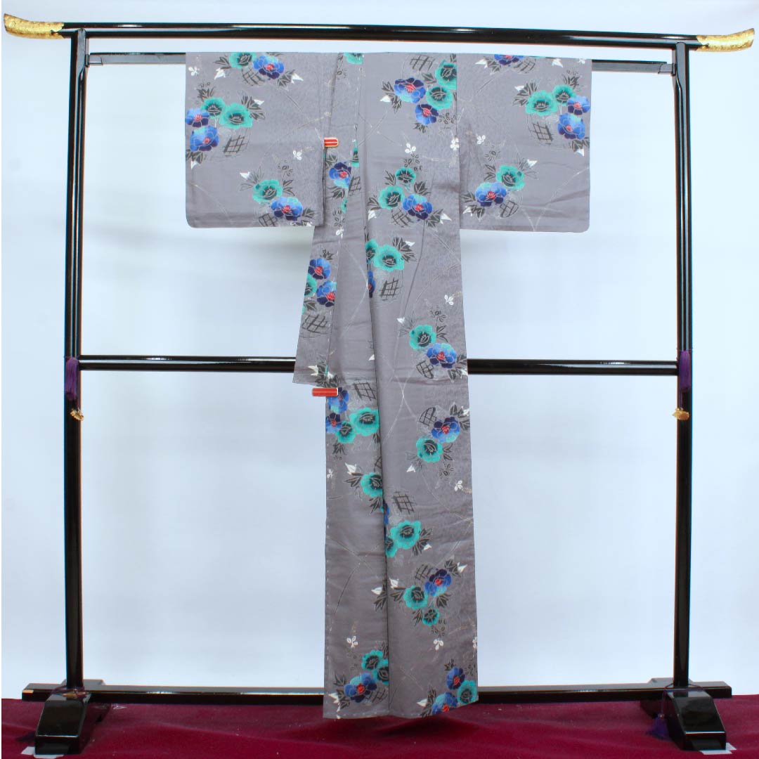 浴衣 鼠志野色 牡丹 萩 木綿 Sランク 単衣 身丈157.5cm 裄丈64.5cm グレー系 1118004082322