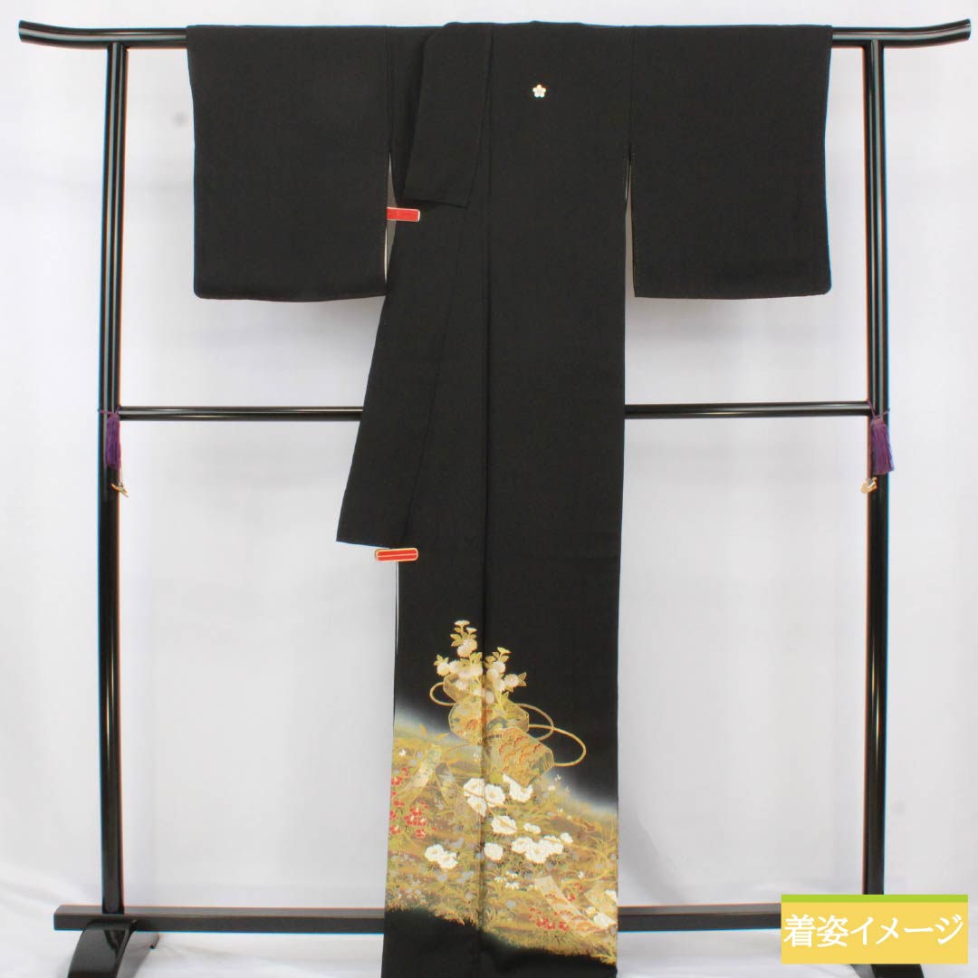 黒留袖 正絹 Aランク 身丈170cm 裄丈67cm 袷 京友禅 五つ紋 梅鉢 重箱 草花 五つ紋 黒系 1111001873610