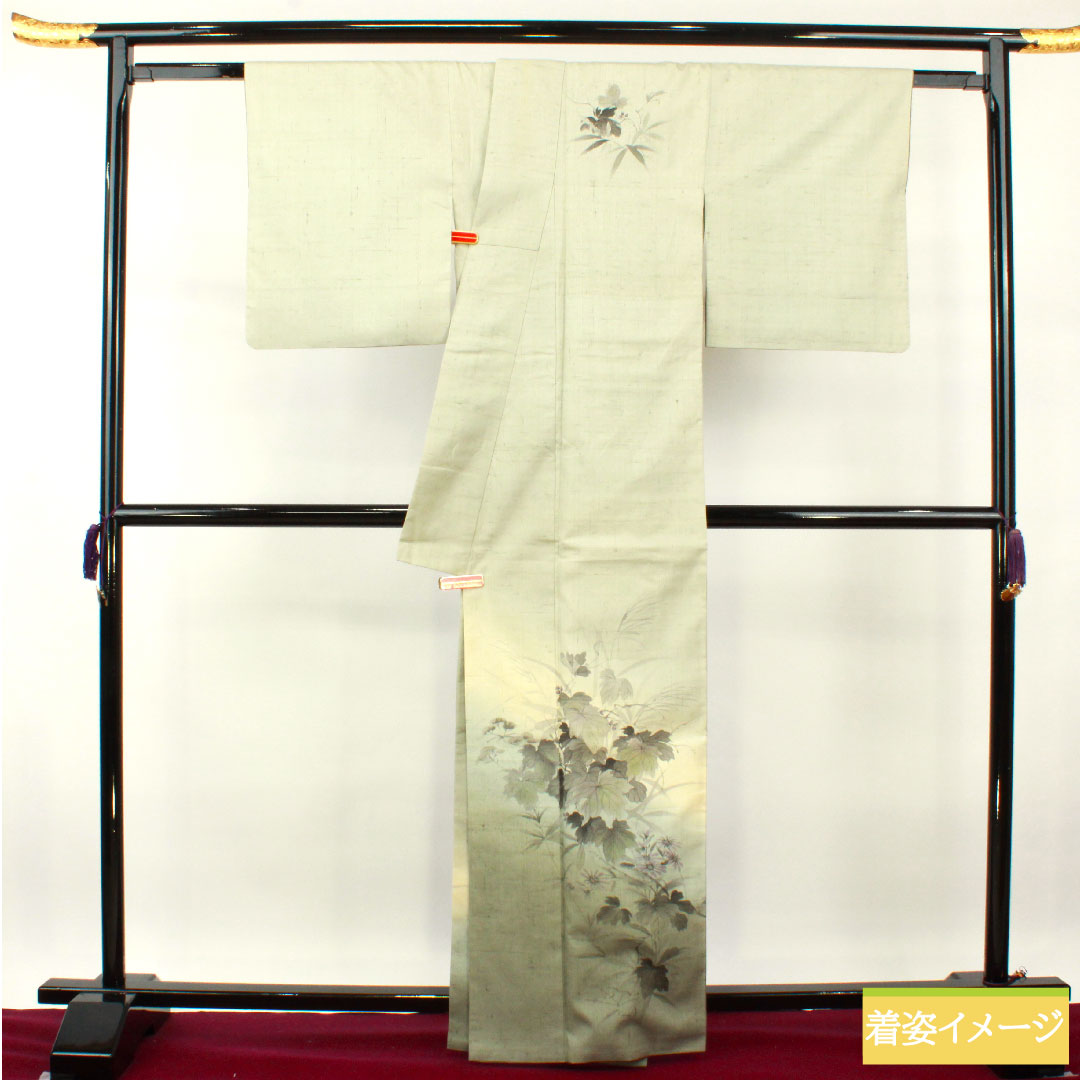 訪問着 正絹 袷 身丈164.5cm 裄丈66.5cm 紬地 作家物 墨描き 草花模様 Aランク 緑系 1112004053419