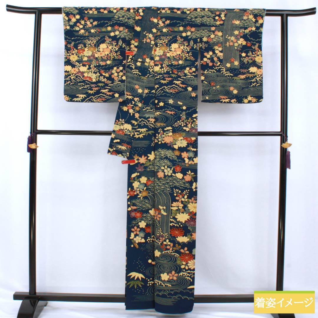 訪問着 正絹 Aランク 袷 身丈160cm 裄丈64.5cm 紺色（こんいろ） 型染 流水 小花 紺系 1112006913418